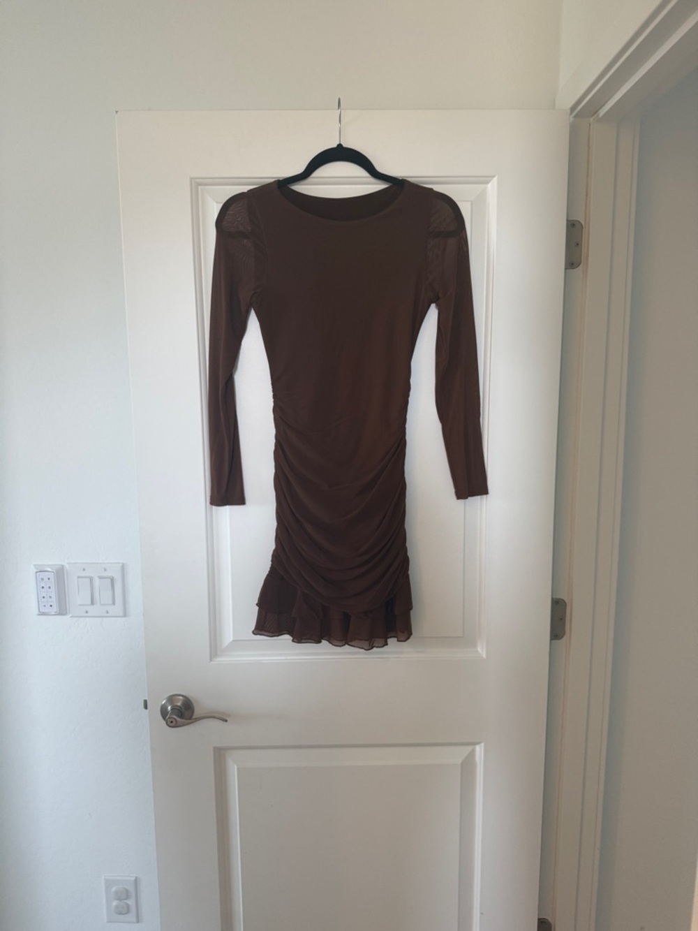 Women's Long-Sleeve Brown Ruched Ruffle Dress